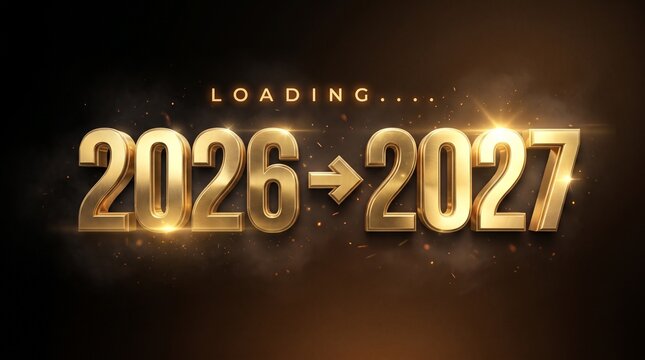 Loading from year 2026 to 2027 concept golden dark background with sparkling dust particles, lens flares, and the word "LOADING..."