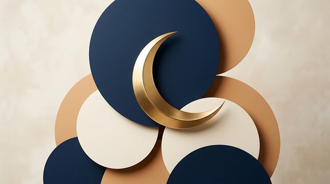 Geometric arrangement of circles with metallic gold crescent moon.