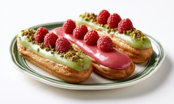 Delicious raspberry and pistachio glazed eclairs on a stylish plate