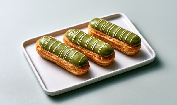 Three elegant green eclair pastries with white drizzle on minimalist tray
