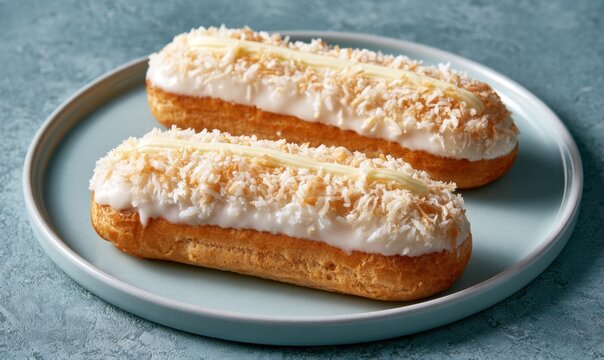 Two coconut cream eclairs on light blue plate