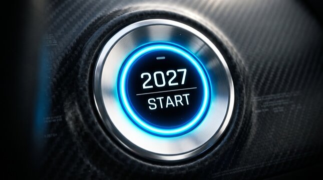 glowing blue start button embedded dashboard, proudly displaying the year 2027 to symbolize