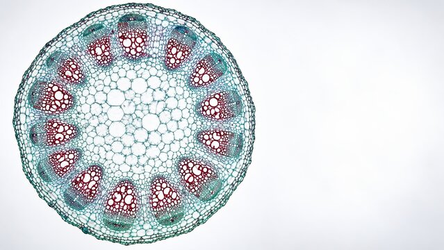 Teal and magenta cross section of a plant stem showing vascular bundles arranged in a circular pattern.