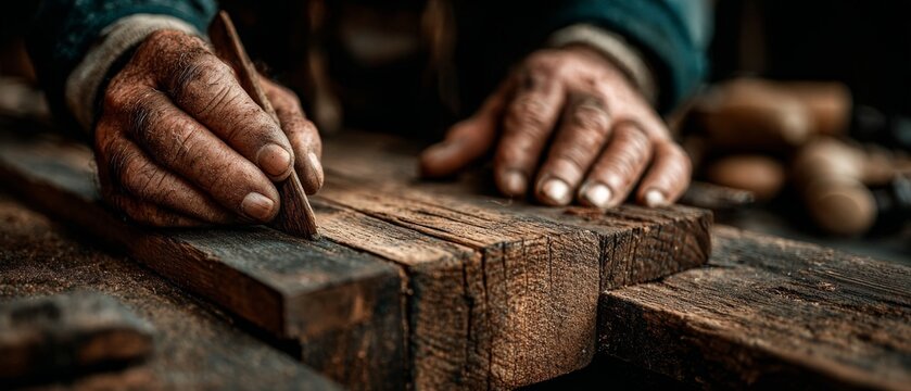 Close-up of weathered hands marking a line on rough wooden planks with a tool against a dark background.