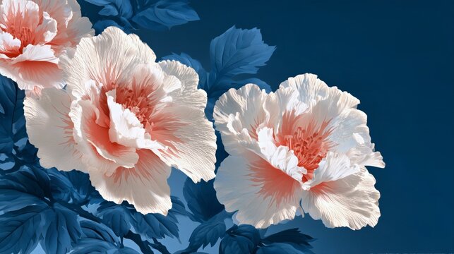 Pink and white hibiscus blooms with yellow centers on deep blue for tropical floral branding and decor.