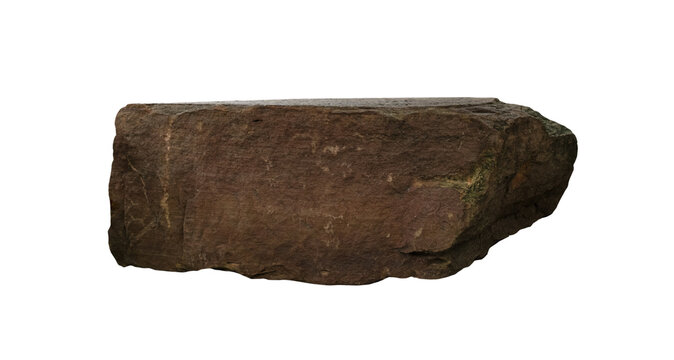 Natural brown rock isolated with rough stone texture, weathered surface and rugged edges, large horizontal boulder slab cutout for geology, landscape design, product display and decorative mockup.