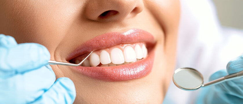 Close-up view of a woman smiling while a dentist examines her teeth using a metal explorer and a dental mirror in a clean clinic setting