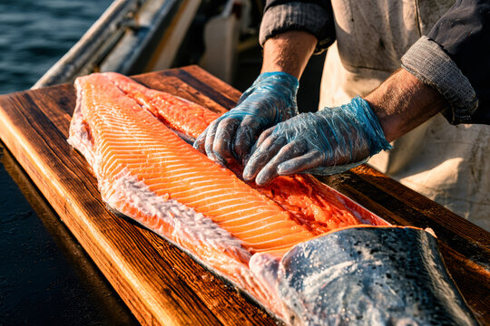 Hands in blue gloves work on a large salmon laid open on a wooden cutting board. A ship and sea are in the background while the fish is being prepared