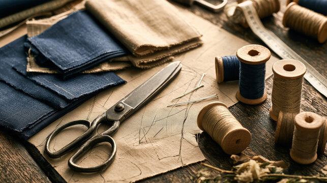 A workspace shows pattern paper and fabric swatches with large shears, pins, measuring tape, and spools of thread arranged neatly