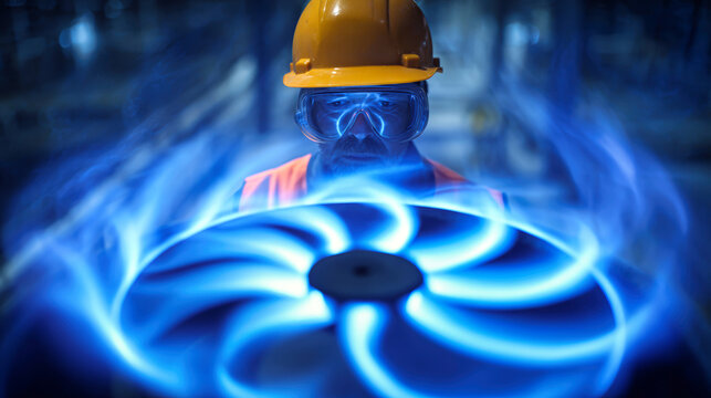 A worker in a hard hat and goggles looks closely at a blue flame spinning from a fan at an industrial site. The scene takes place in bright daylight