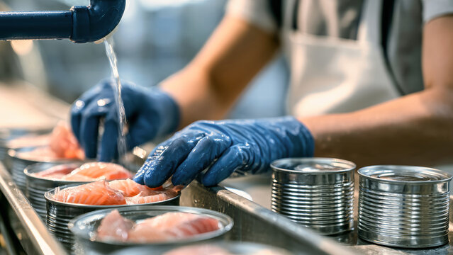At a food processing site, a worker wearing gloves handles fish in open cans beside stacks of empty cans during production