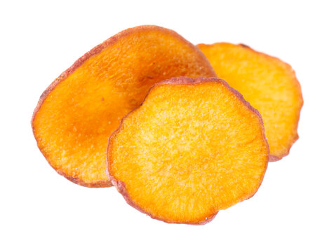 Crispy roasted sweet potato chips with sea salt, isolated on white background. Healthy and crunchy natural vegetable snack. Clipping path.