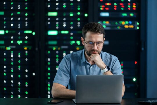 Focused IT engineer working on laptop in dark server room with glowing lights in background at night