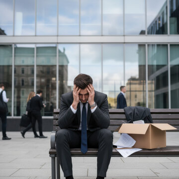 Businessman fired sits on bench with box of belongings, looking hopeless and distressed after job loss.