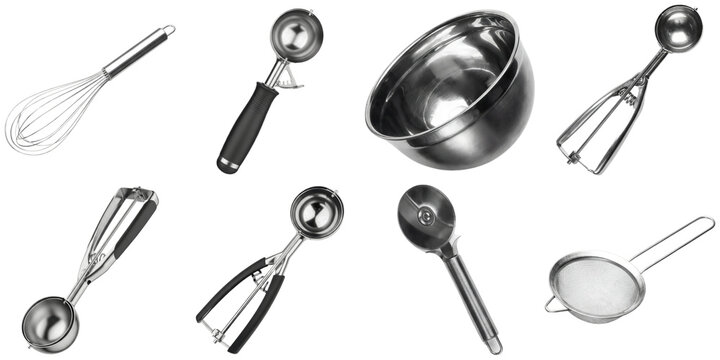 Photograph of various shiny metal kitchen utensils, essential for baking and cooking.