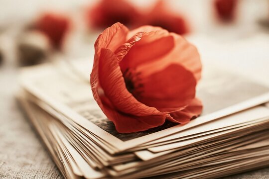 Red poppy flower on stack of vintage letters, remembrance concept for memorial day