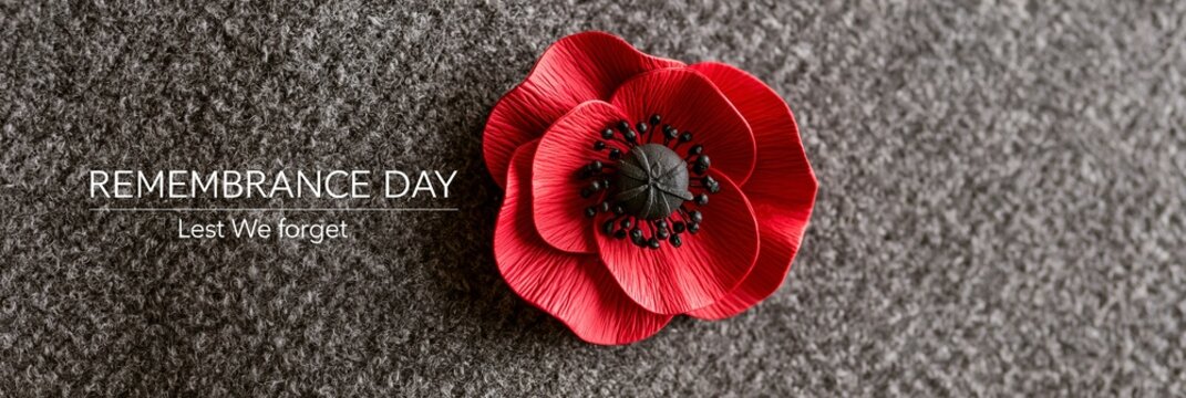 Remembrance Day red poppy flower on grey textured background, Lest We Forget memorial tribute
