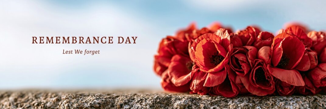 Remembrance Day red poppy wreath on stone wall, Lest We Forget memorial concept