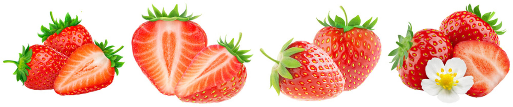 Fresh ripe strawberries, whole and halved, showcasing juicy red fruit with green leaves, isolated on transparent.