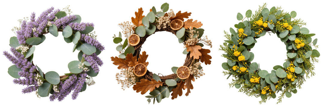 Three unique decorative wreaths, crafted from natural botanicals and seasonal elements.