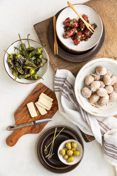 Tapas: chorizo in red wine, papas arrugadas, grilled padron peppers