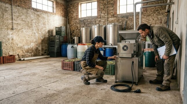 Two workers inspect olive oil production machinery in a rustic factory setting