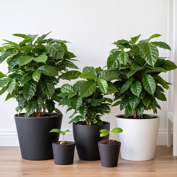 Several potted coffee plants in various stages of growth are displayed against a plain background.