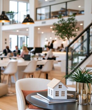 Miniature house model rests on a table in a modern office space with people working.