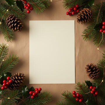 Blank white sheet surrounded by pinecones and red berries, festive Christmas frame for notes and greetings.