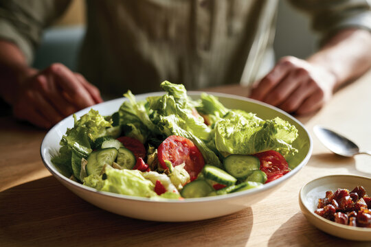 A colorful and nutritious salad featuring fresh greens and vibrant tomatoes is ready to be enjoyed, highlighting healthy food choices and mindful eating habits.