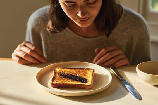 A slice of toasted bread topped with sweet spread captures the essence of comfort food, evoking memories of warmth and inviting moments of joyful enjoyment.