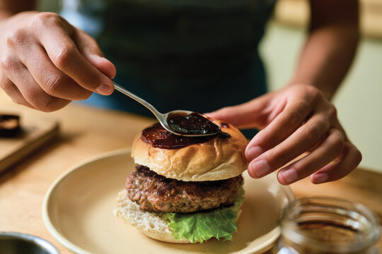 Hands carefully layering sauces atop a delicious homemade burger, capturing the art of cooking and the anticipation of a flavorful meal in a cozy kitchen setting.