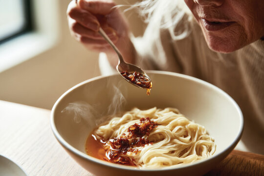 A close-up of an elderly person savoring a bowl of steaming noodles topped with spicy sauce, revealing a moment of comfort and enjoyment in dining.