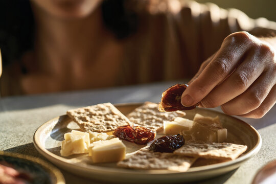 An aesthetically pleasing arrangement of crackers, cheese, and dried fruits showcases a delightful snack spread perfect for gatherings or casual tasting.