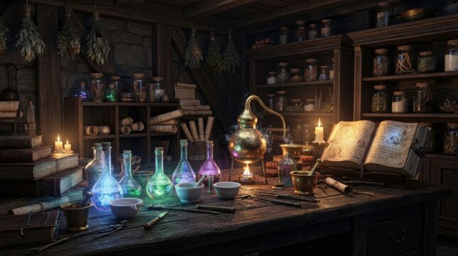 Alchemist laboratory with glowing potions and spellbook