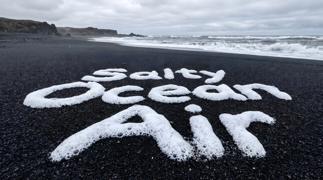 White Sea Foam Typography on Black Sand Beach