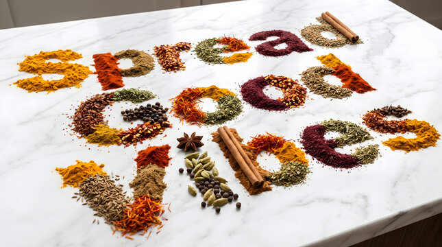 Colorful Mixed Spices Typography on White Marble