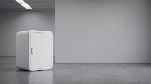 Compact white cabinet against gray wall empty industrial room with polished concrete floor. Electric power renewable energy green energy manufacturing energy recovery efficiency sustainability
