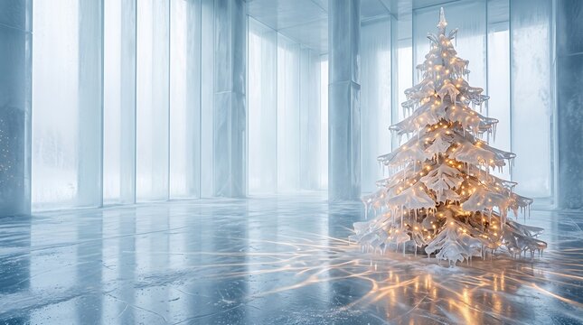 Frozen Ice Christmas Tree In Futuristic Hall