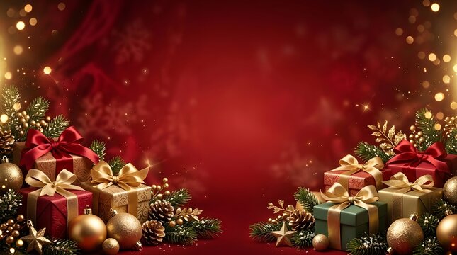 A festive christmas scene sparkling lights gifts and a rich red backdrop for holiday cheer and celebration