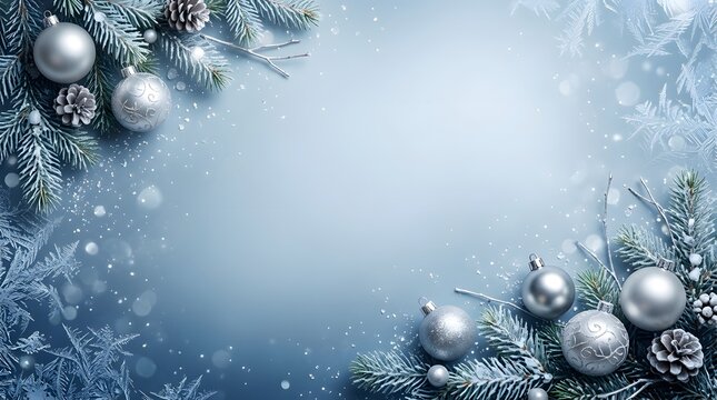 A serene and elegant winter wonderland christmas scene featuring shimmering ornaments and a frosty delicate background