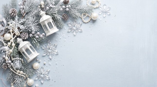 Elegant Winter Holiday Background with Frosted Pine Branches White Decorative Lanterns and Beautiful Snowflake Details