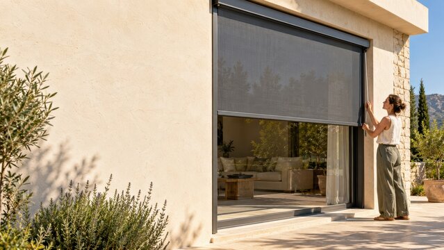 Homeowner Lowering Exterior Solar Shade During Heatwave