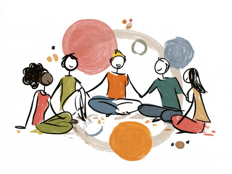 colorful  illustration of diverse group of stylized stick figure people sitting together in circle holding hands representing unity teamwork friendship community harmony and social connection
