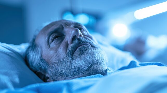 patient lying on bed on background. Worker checking patient information on digital tablet, hospital, medicine, illness, ward, bed, recovery, clinic, sick