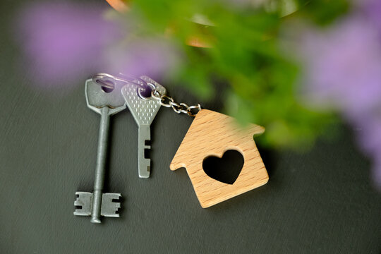 Buying, renting real estate, relocation or moving concept. Keys to a new house on a gray background.