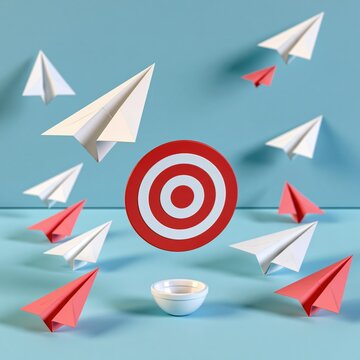 Numerous paper airplanes converge towards a central target with a small bowl below.
