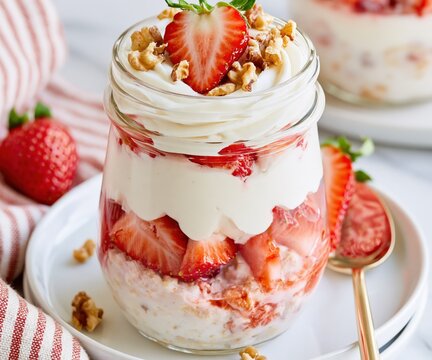 Dessert layered with fresh berries and cream in a glass jar.