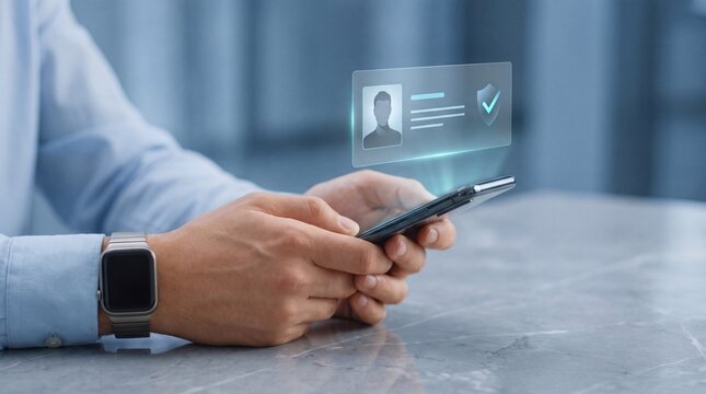 Man holding smartphone with digital identity verification hologram on blurred office background