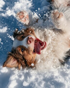 An Australian Shepherd is lying on its back in the snow